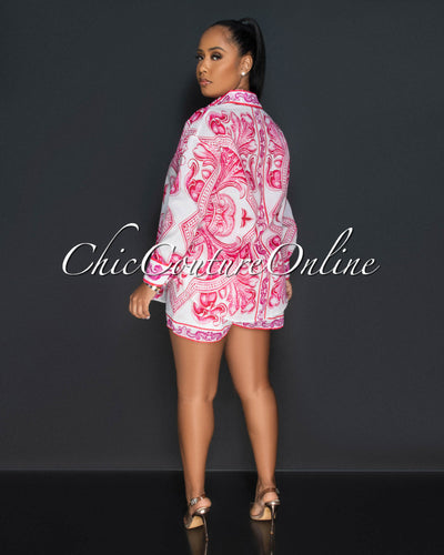 Calora White Pink Print Blouse & Shorts Set