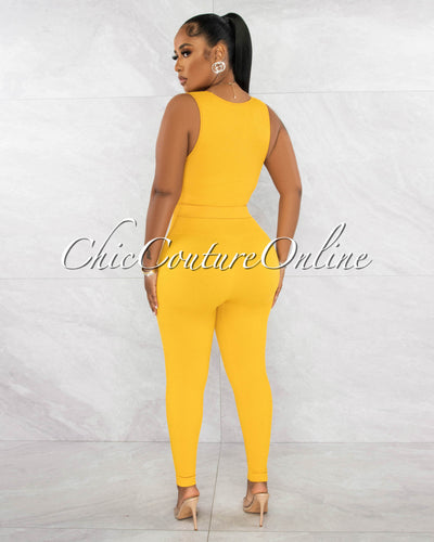 Leonette Mustard Ribbed SCULPTING Crop Top & Leggings Set
