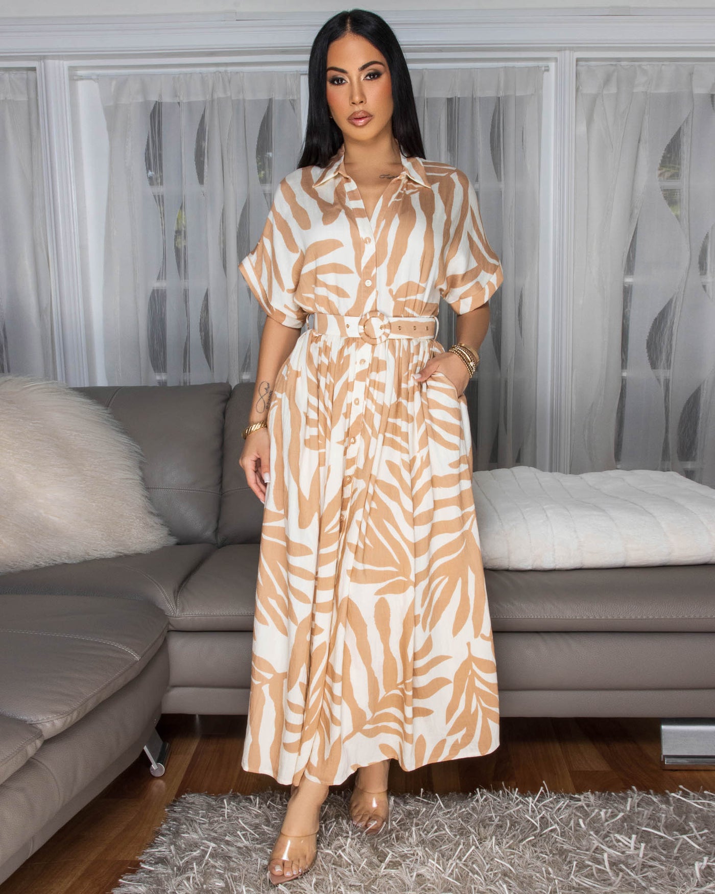 Dallas Nude Cream Print Belted Midi Dress Chic Couture Online Dallas Nude Cream Print Belted Midi Dress Chic Couture Online