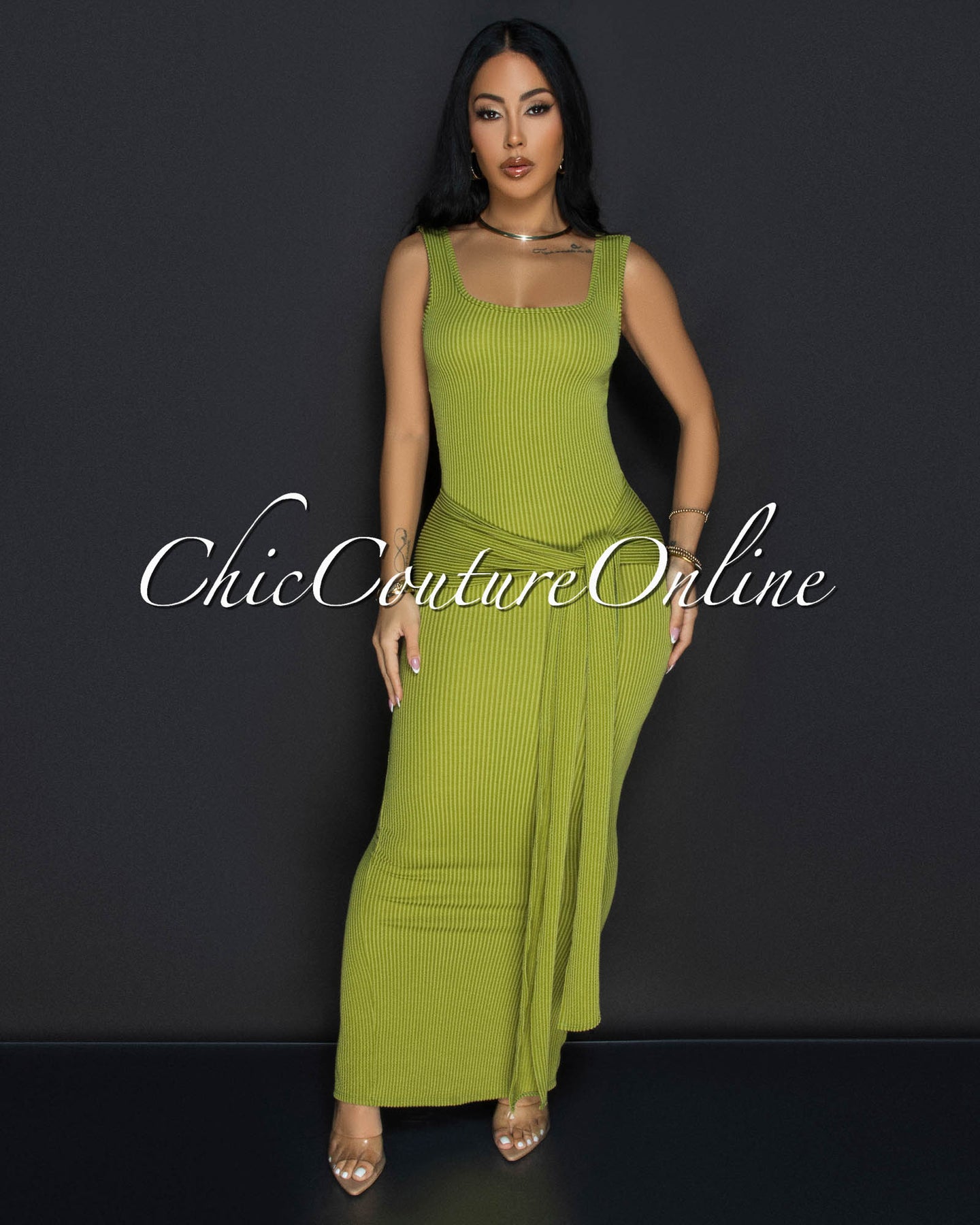 Aventine Green Ribbed Front Tie Maxi Dress