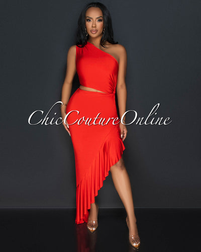 Nilia Tomato Red Cut-Out Hi-Lo Ruffle Hem Maxi Dress