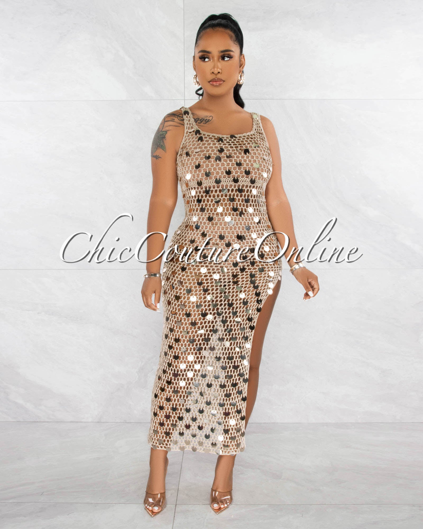 *Shada Nude Sequins Crochet Cover-Up Maxi Dress