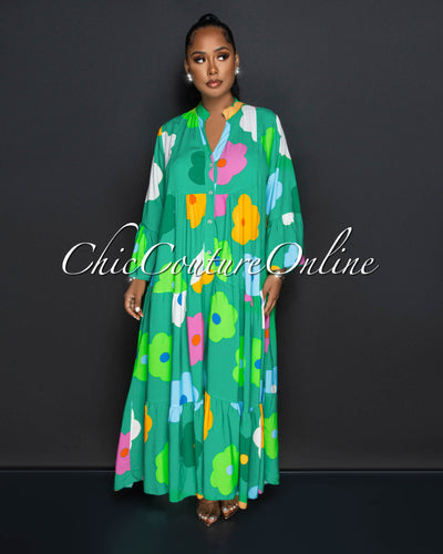Gason Green Multi-Color Floral Print Ruffle Hem Maxi Dress