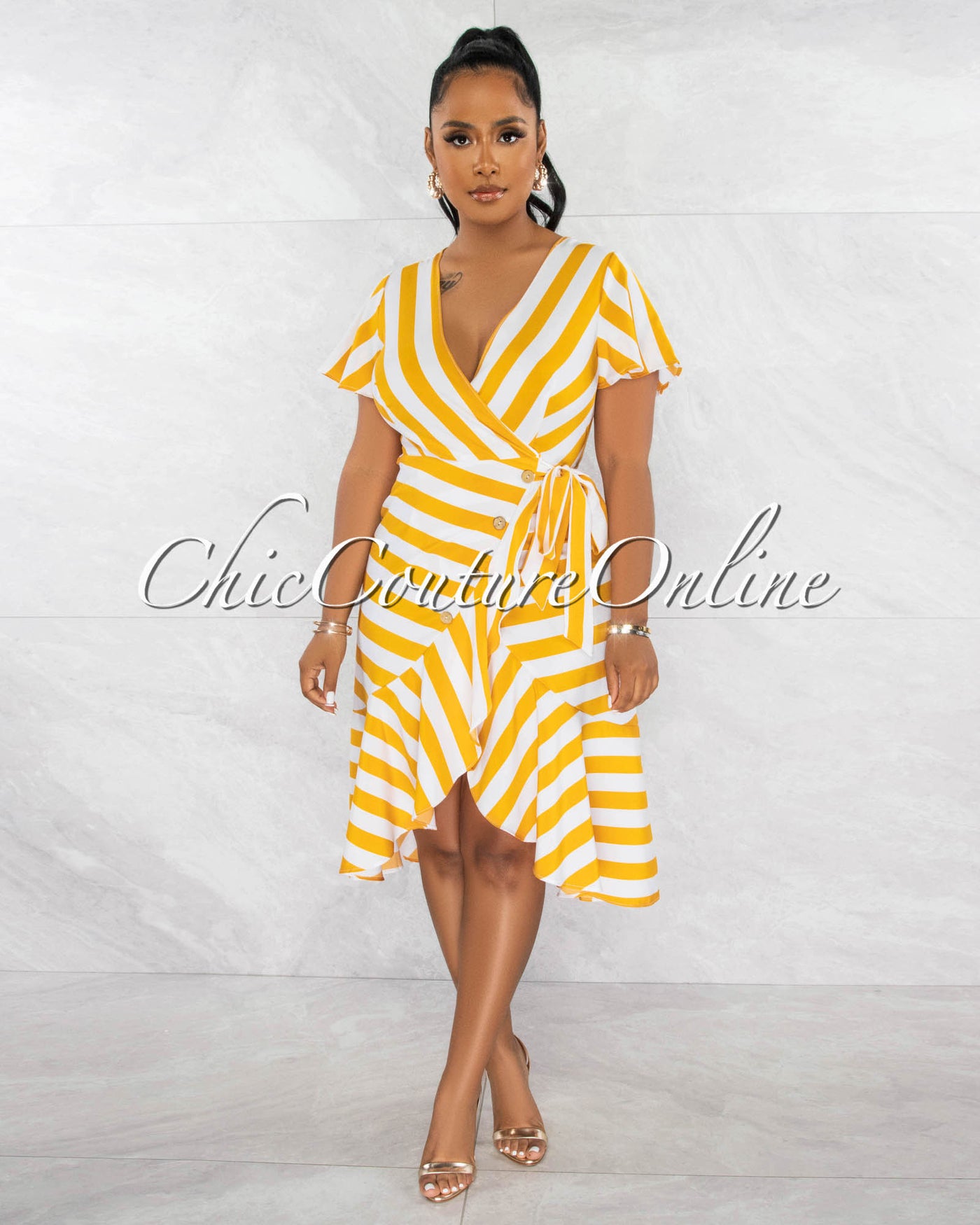 Basel Mustard White Stripes Wrap Ruffle Hem Dress