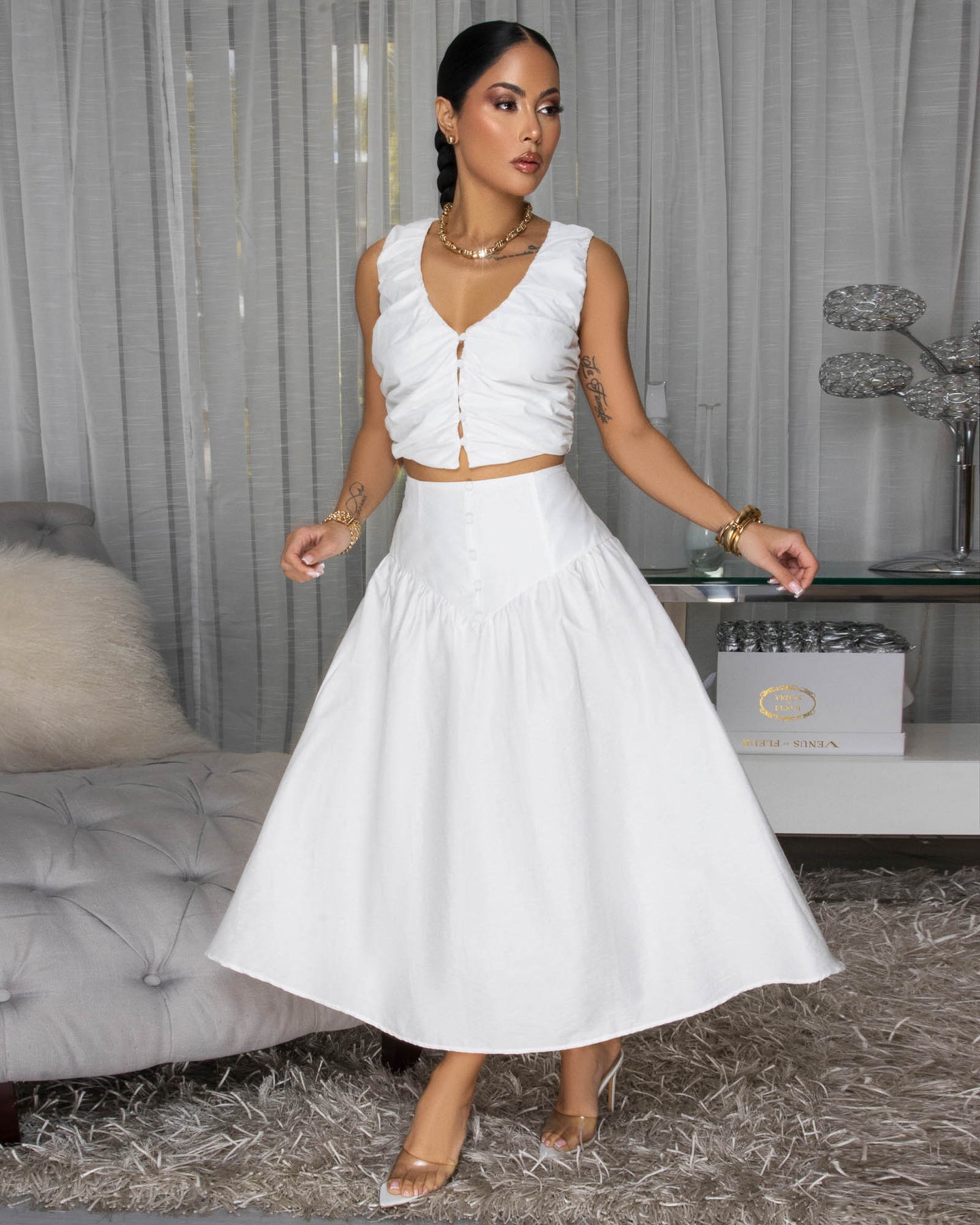 Essence Ruched Crop Top & Midi Skirt Set