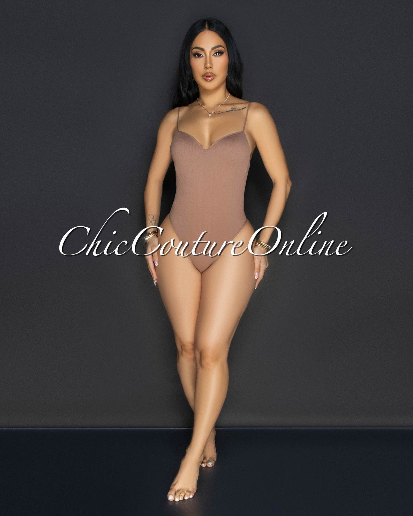 Toniya Mocha Ribbed Body-Con Bodysuit