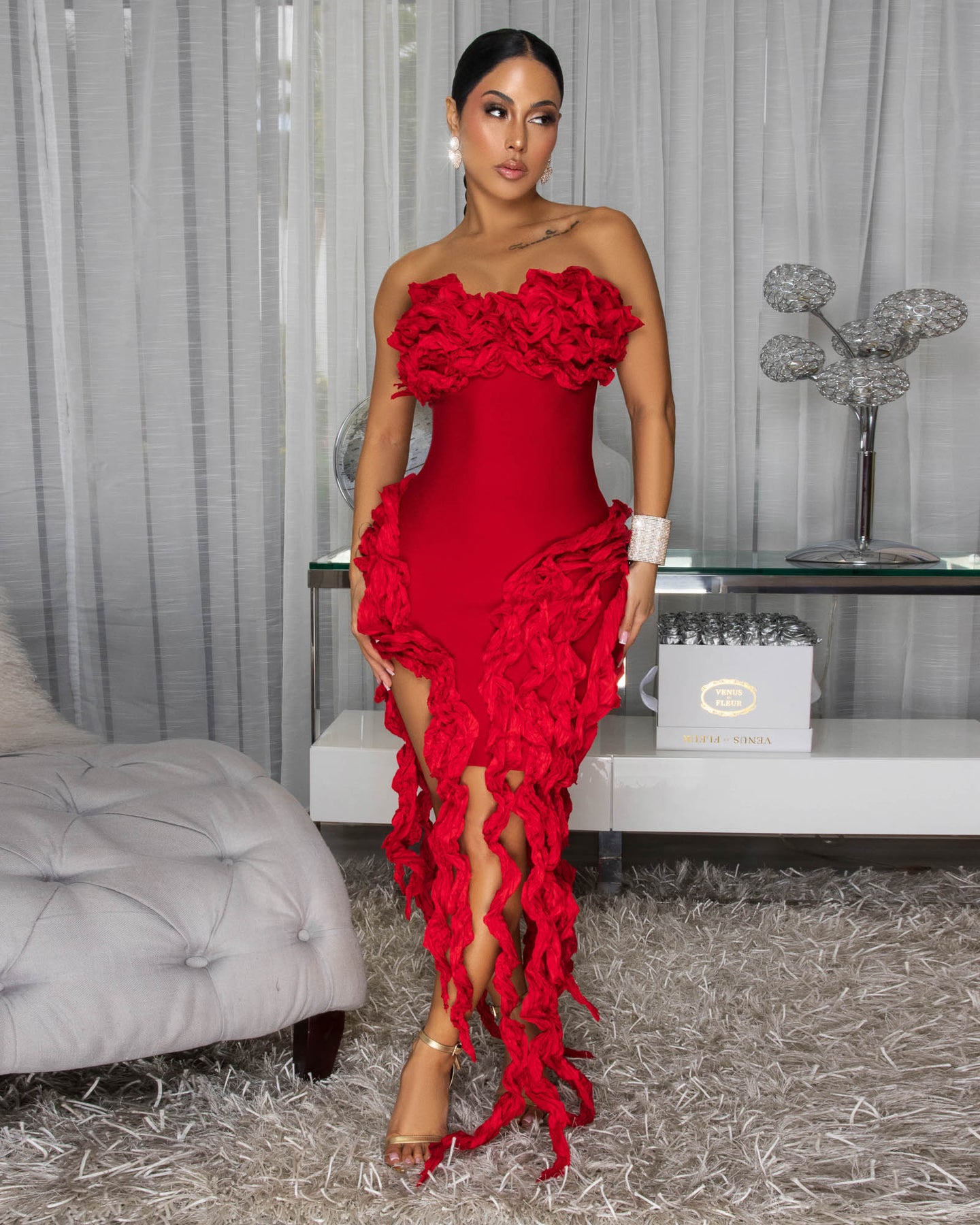 Reeza Red Ruffle Fringe Bandage Maxi Dress