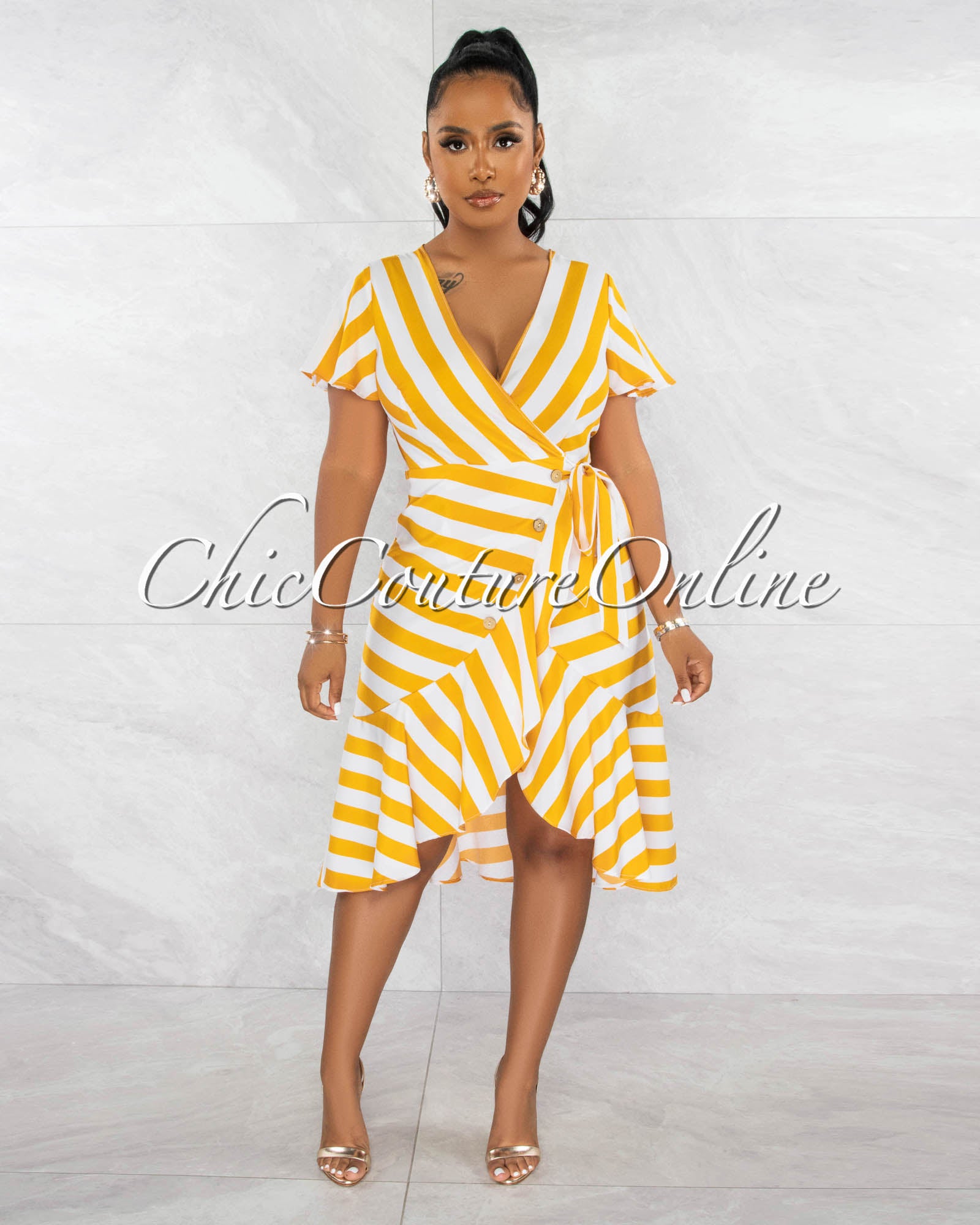*Basel Mustard White Stripes Wrap Ruffle Hem Dress