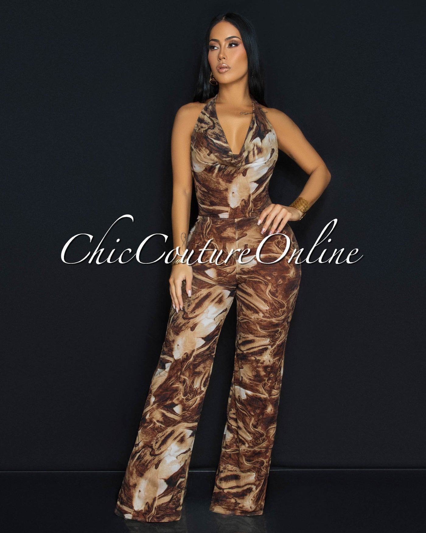 Juvie Chocolate Brown Mesh Halter Wide Legs Jumpsuit