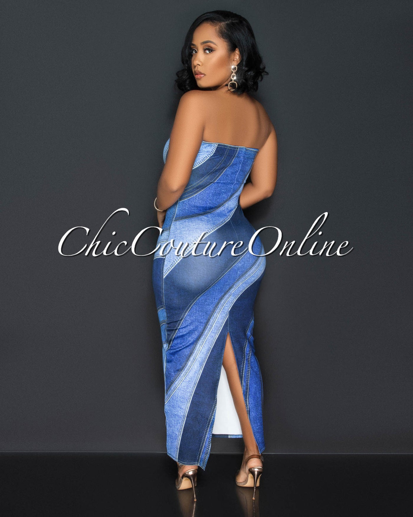 Sharol Blue Denim Print Tube Maxi Dress