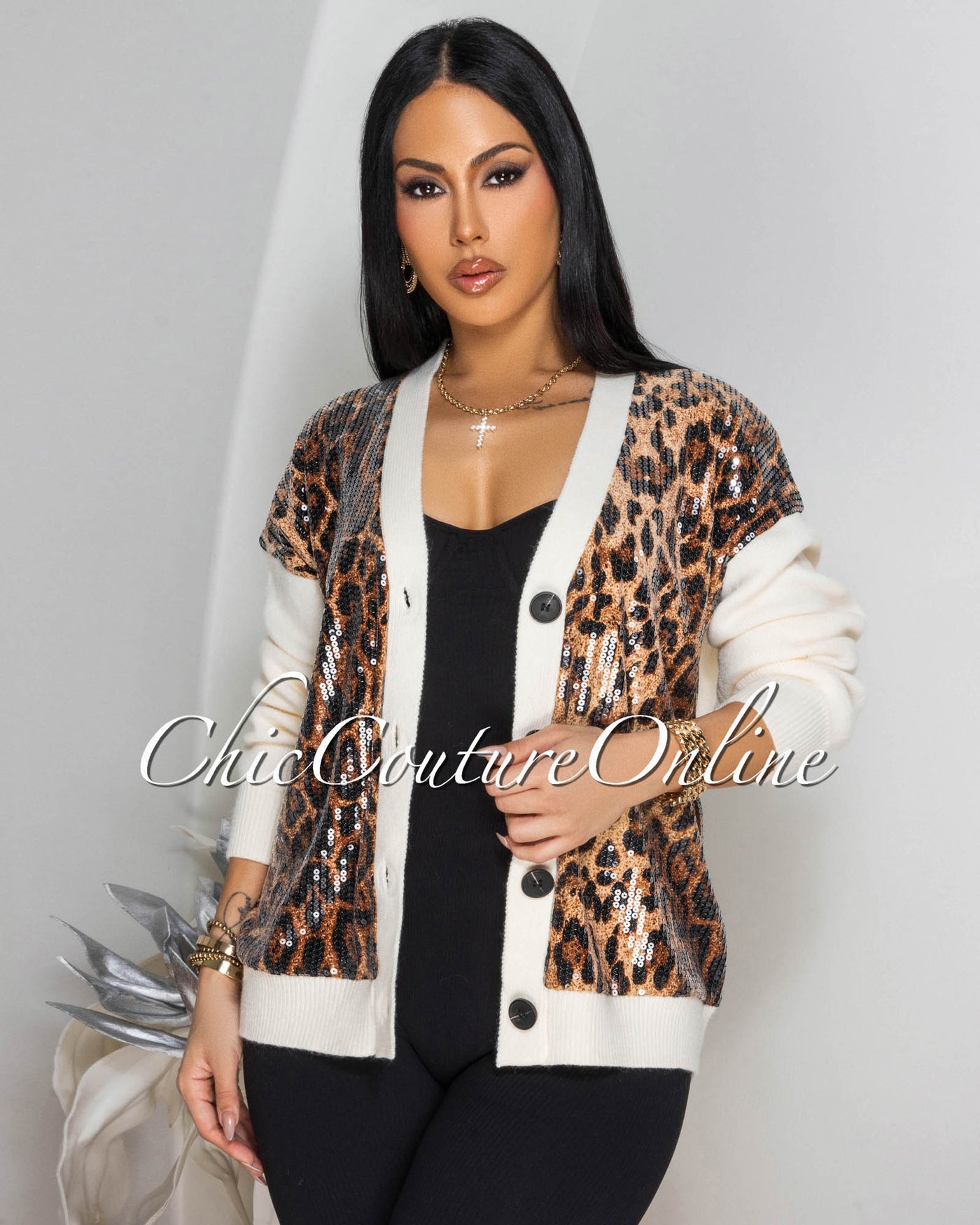 Hayden Sequins Leopard Print Cream Sweater Cardigan