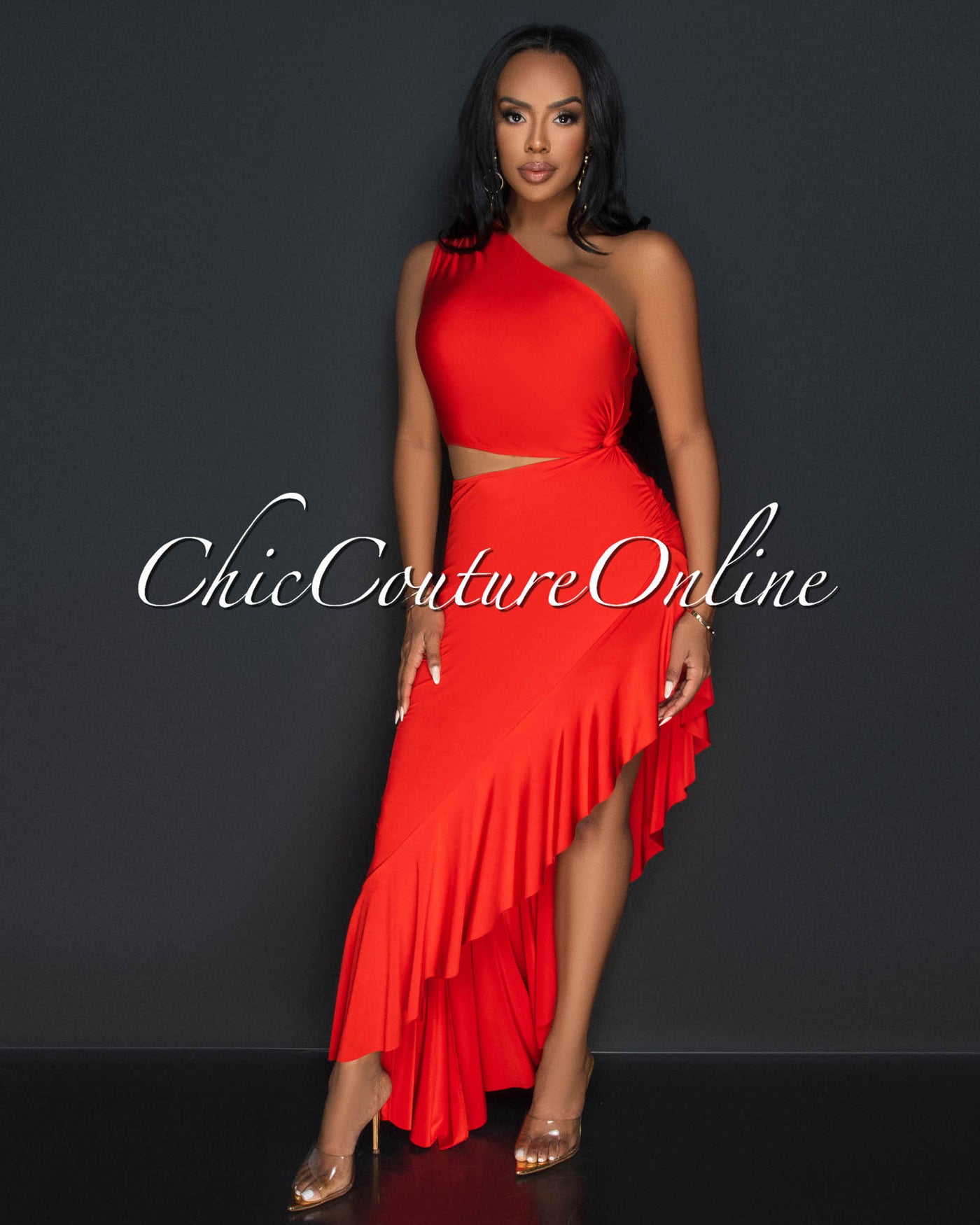 Nilia Tomato Red Cut-Out Hi-Lo Ruffle Hem Maxi Dress