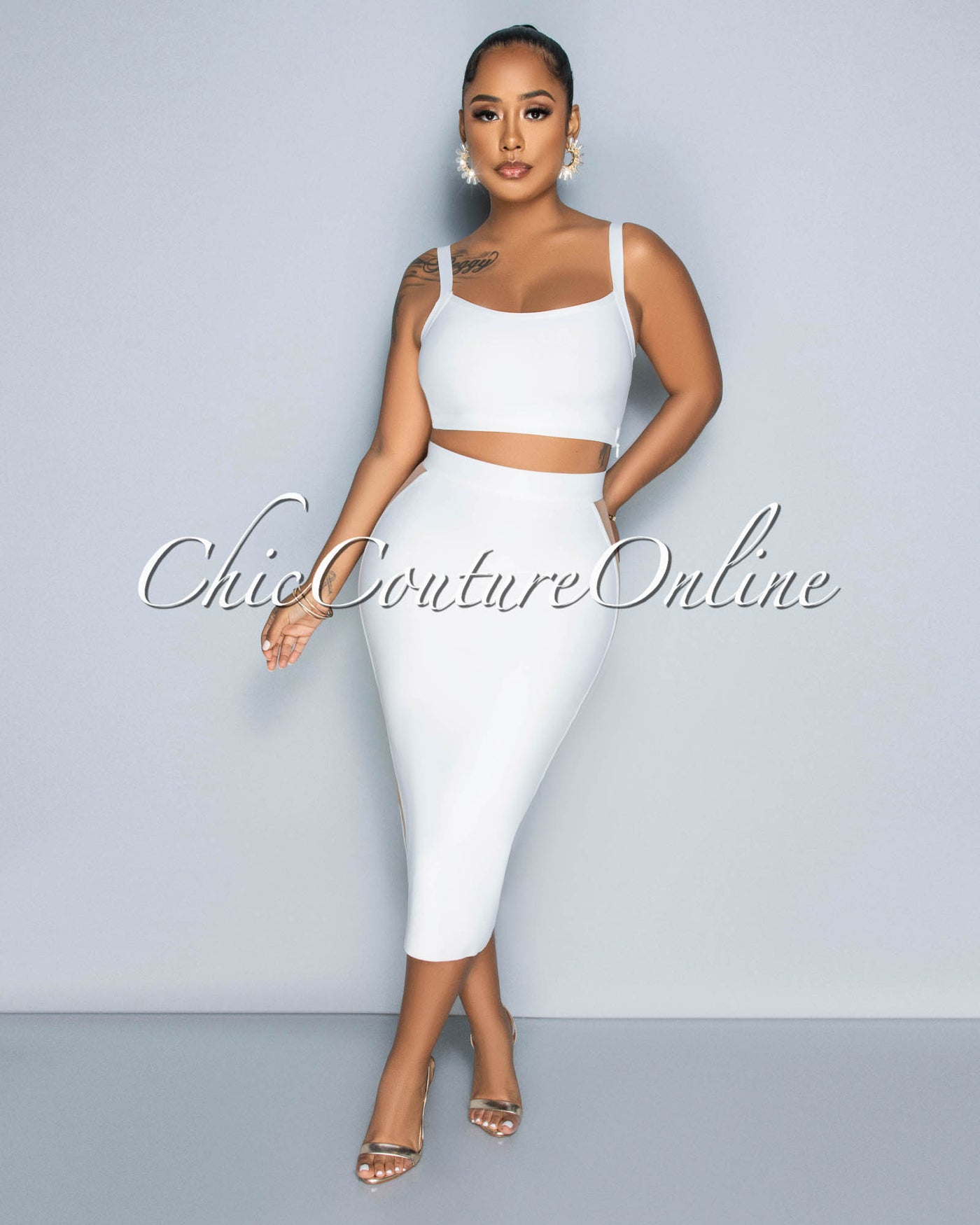 Parker White Crop Top & Nude Mesh Sides Midi Skirt Bandage Set