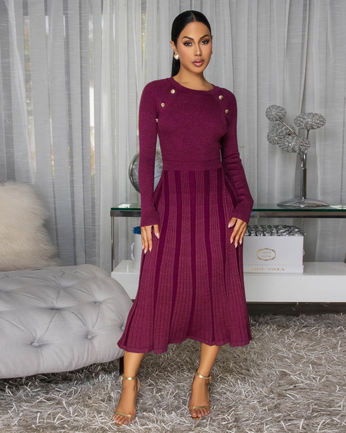 Nicia Orchid Shimmer Gold Buttons Knit Midi Dress