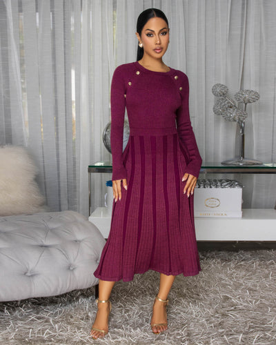 Nicia Orchid Shimmer Gold Buttons Knit Midi Dress