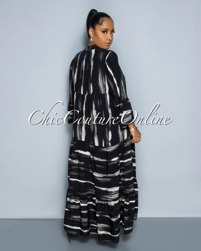 Johar Black Ivory Print Ruffle Hem Maxi Dress