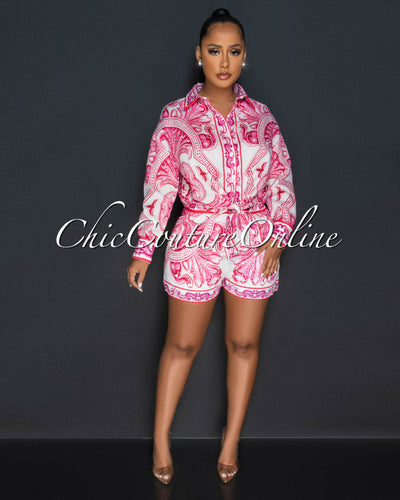 Calora White Pink Print Blouse & Shorts Set