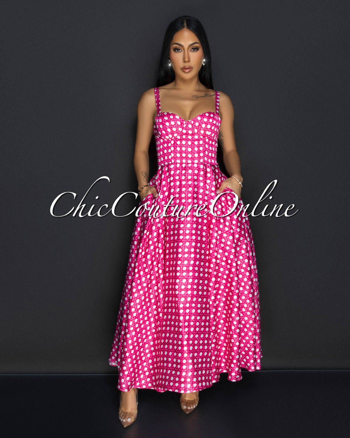 Naomy Pink White Silky Sweetheart Midi Dress