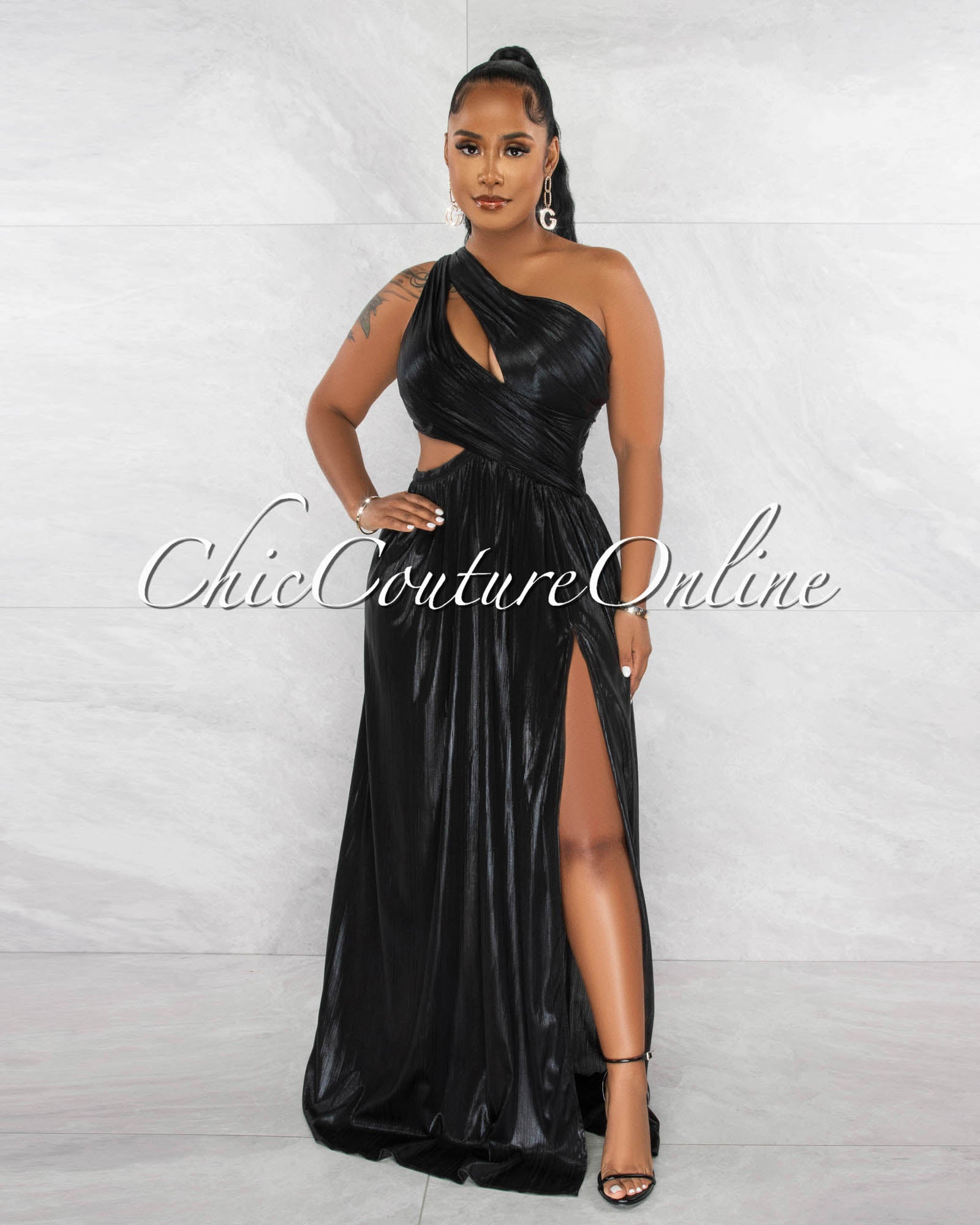 Danuta Black Cut-Out Waist Draped Shimmer Maxi Dress