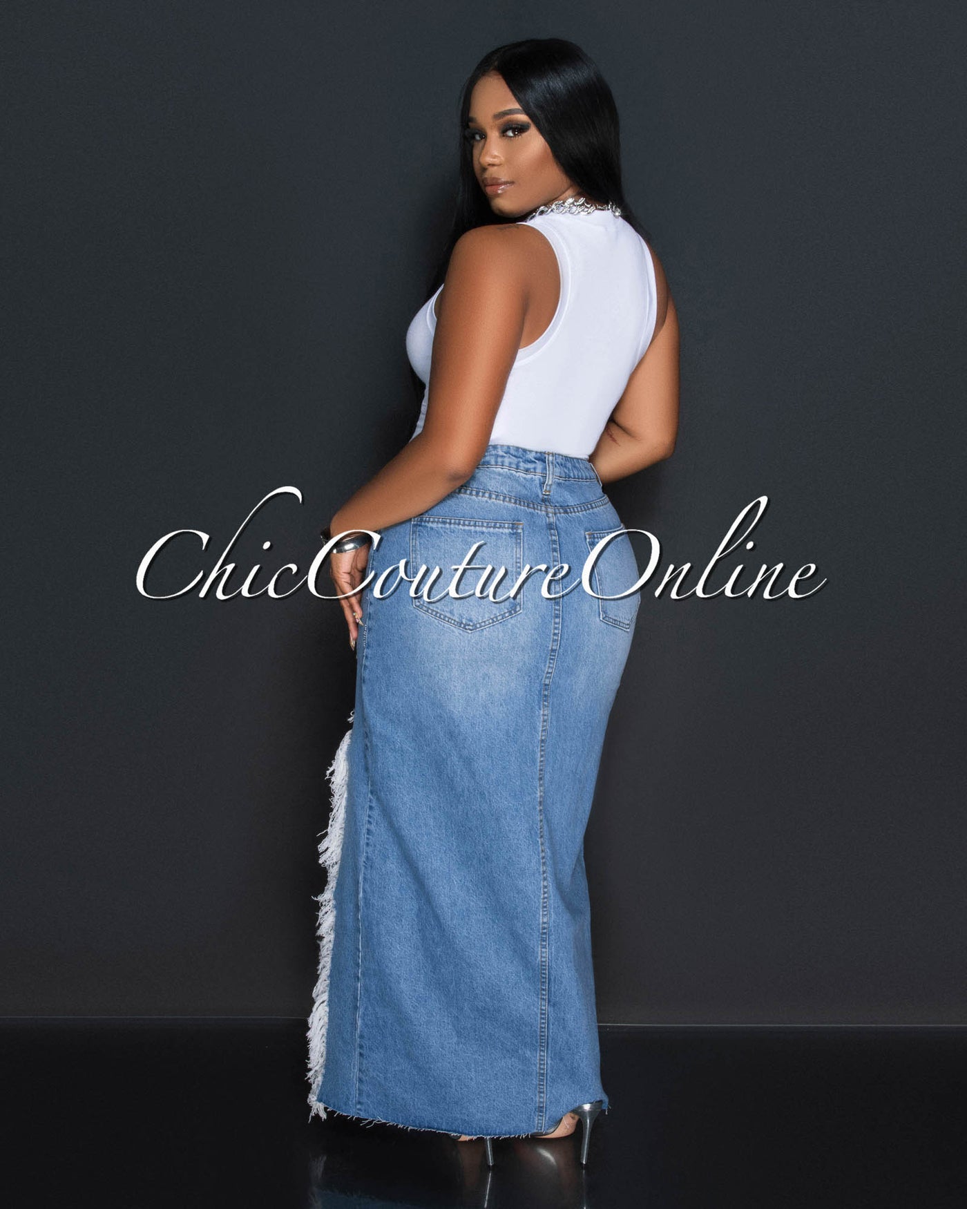 Caracas Light Blue Denim Distressed Fringe Maxi Skirt