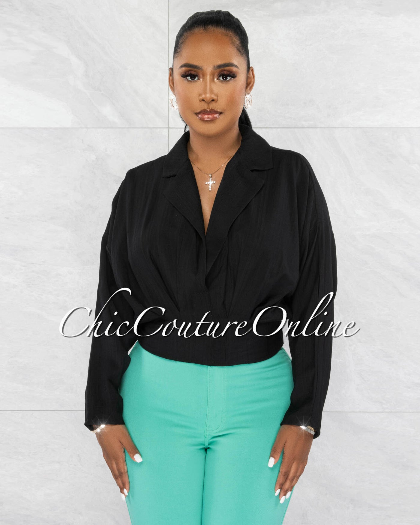 *Rianna Black Pleated Collared Crop Top