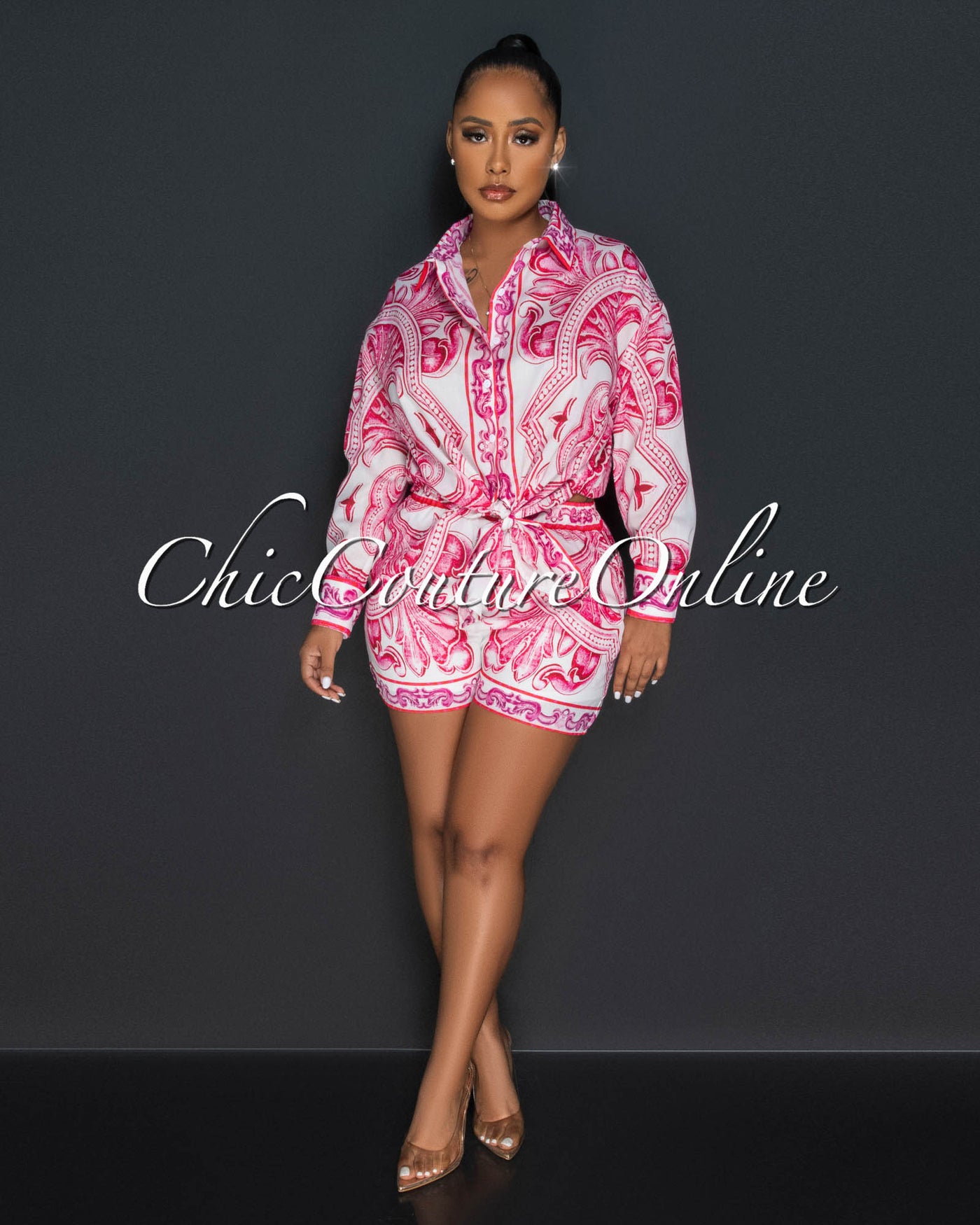 Calora White Pink Print Blouse & Shorts Set