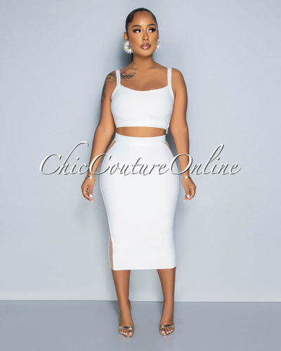 Parker White Crop Top & Nude Mesh Sides Midi Skirt Bandage Set