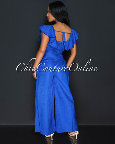 *Alena Blue Ruffle Sleeves Wide Legs Jumpsuit