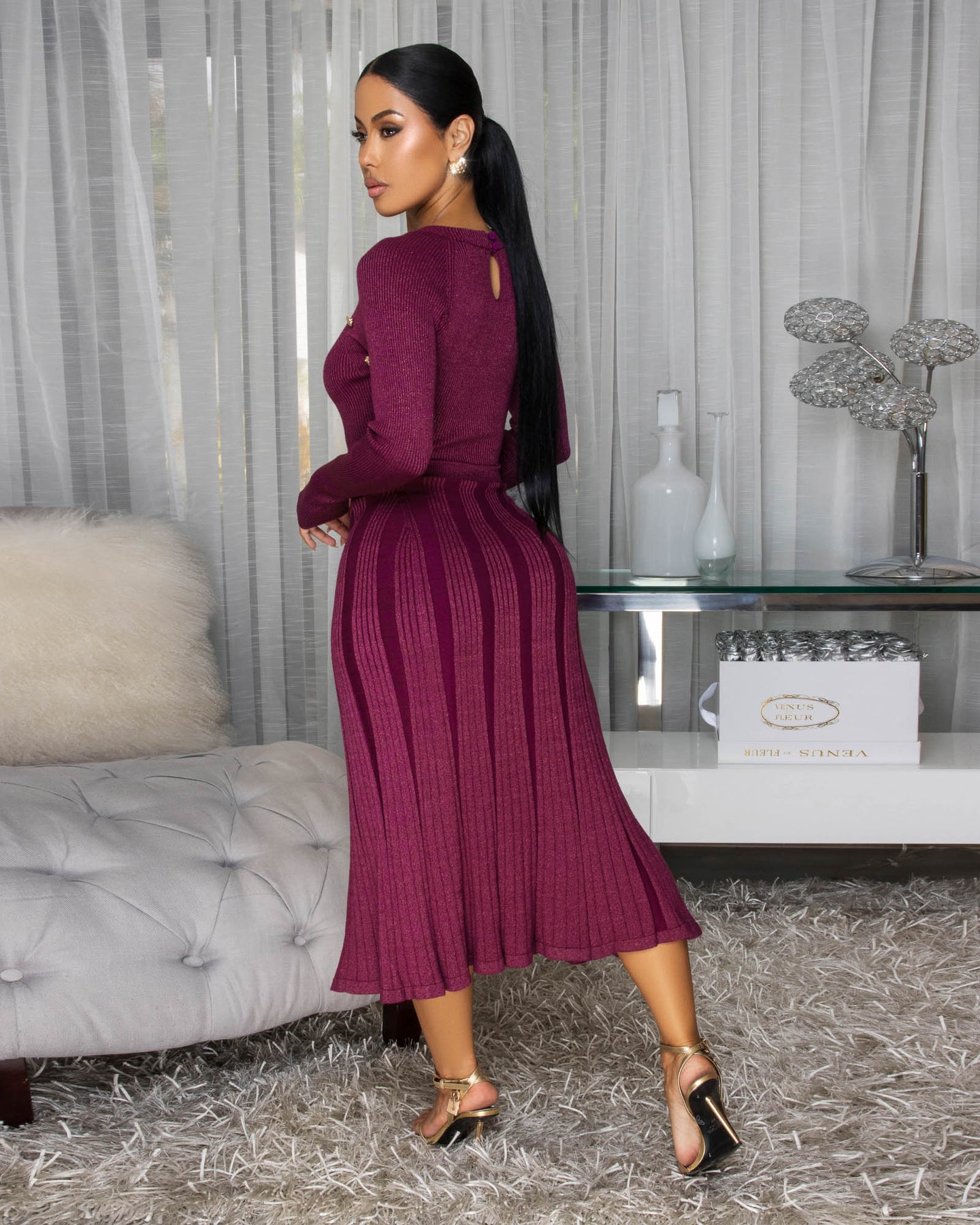 Nicia Orchid Shimmer Gold Buttons Knit Midi Dress