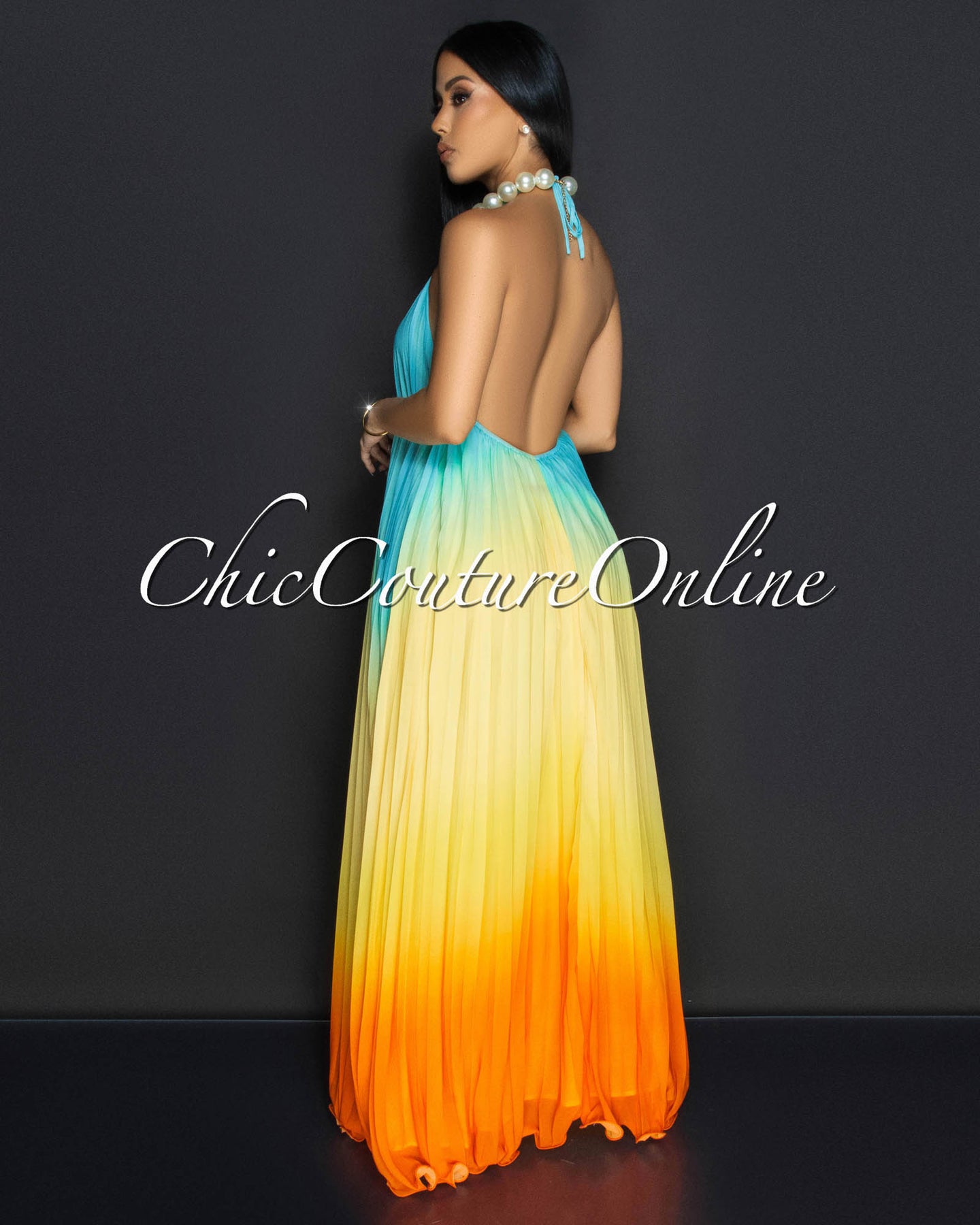 Poet Yellow Orange Pearl Halter Pleated Dress