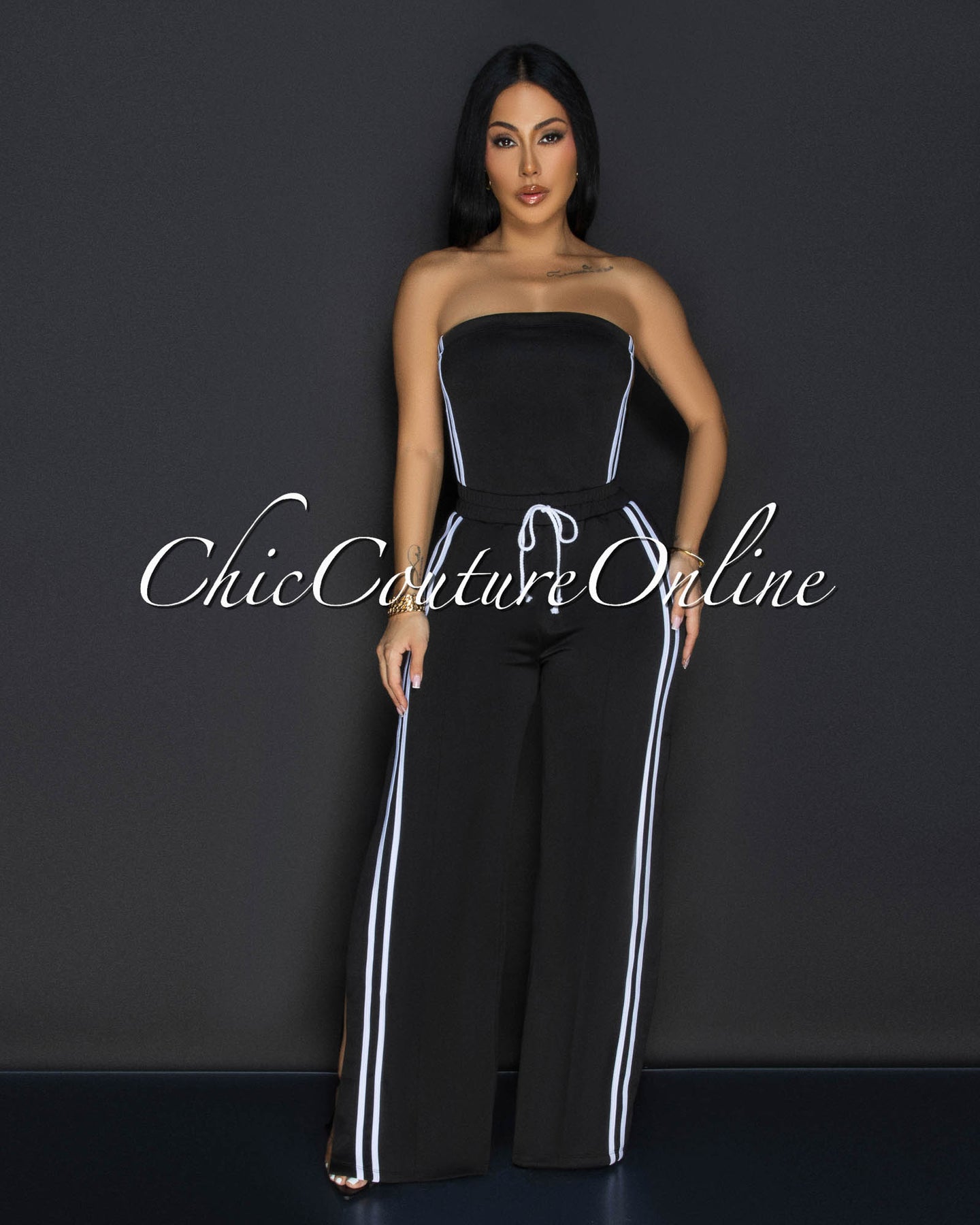 Gabbi Black White Stripes Sporty Strapless Jumpsuit