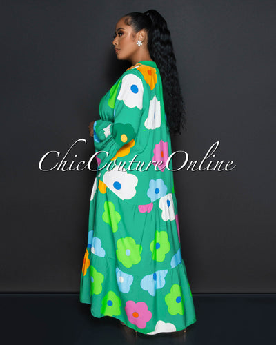 Gason Green Multi-Color Floral Print Ruffle Hem Maxi Dress