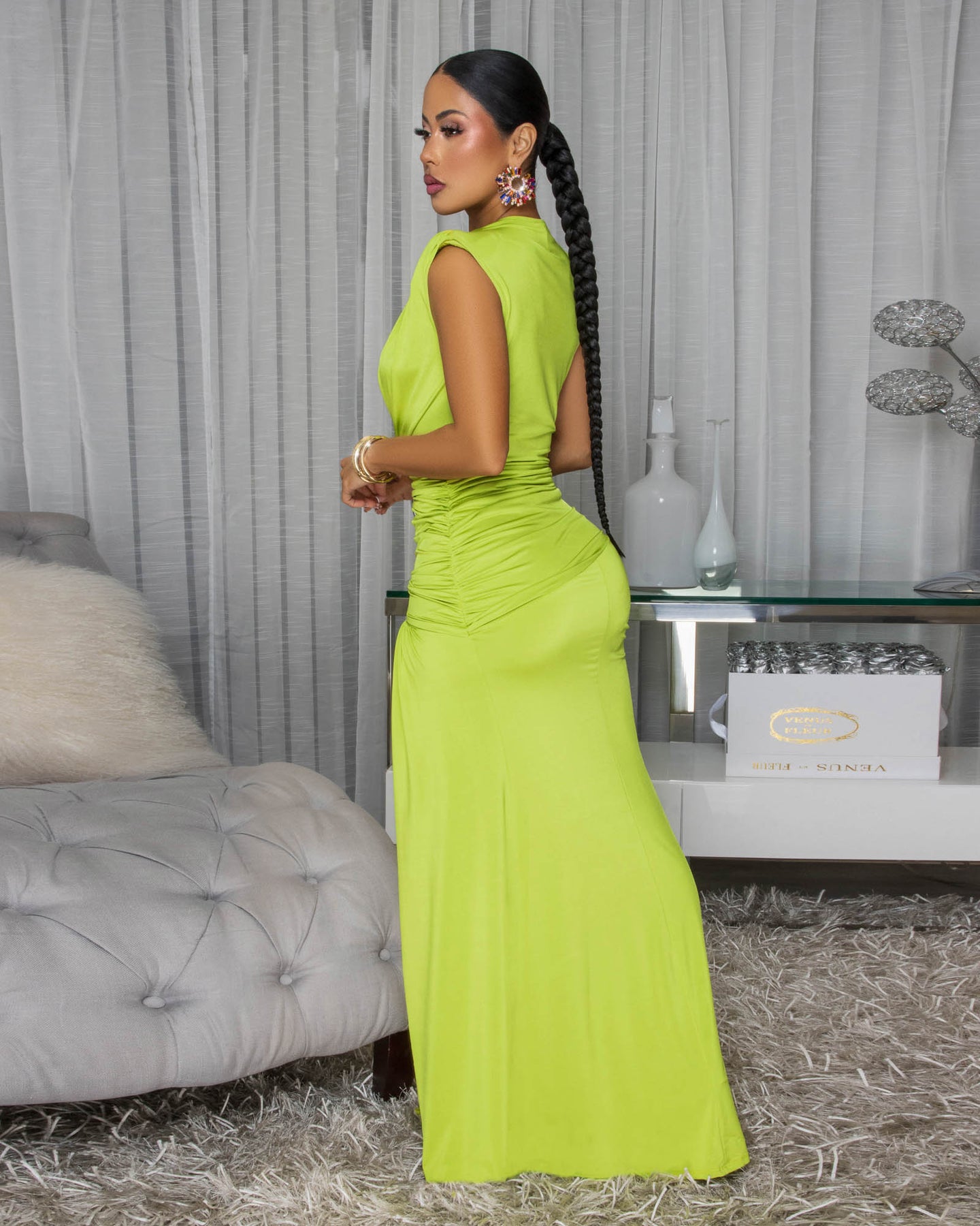 Ottalie Lime Deep V-Neck Leg Slit Maxi Dress