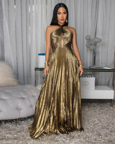 Yasira Gold Black Pleated Maxi Dress