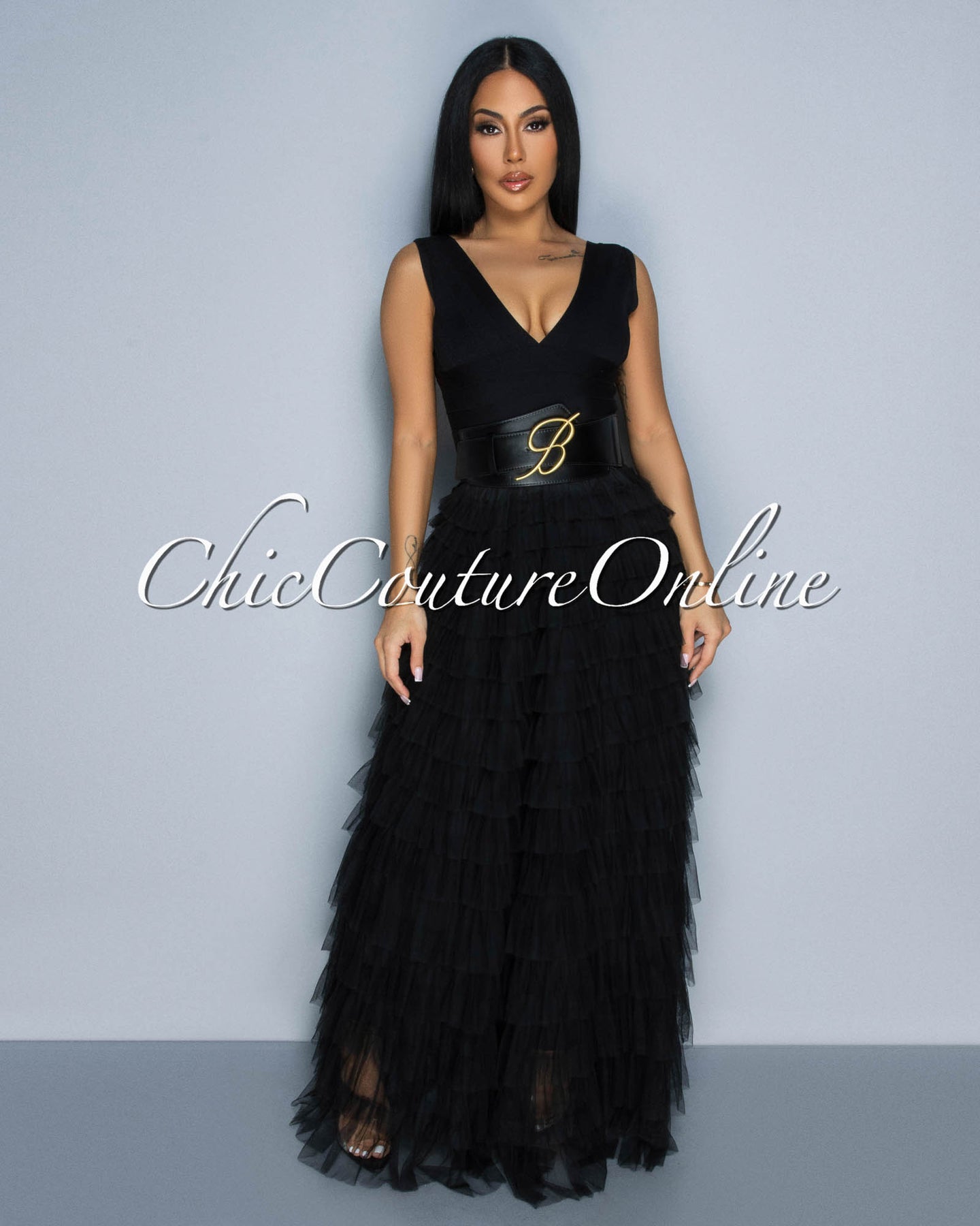 Delphina V Neck Bandage Gold Accent Belt Tulle Dress