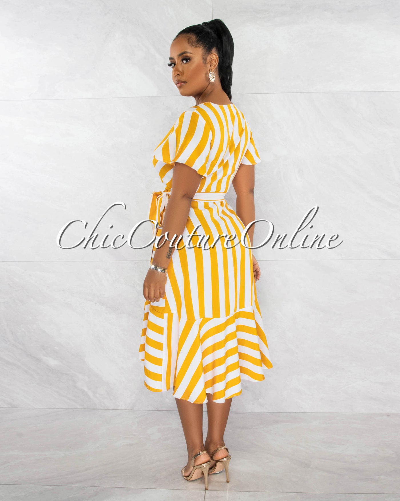 Basel Mustard White Stripes Wrap Ruffle Hem Dress