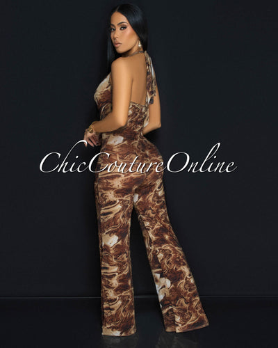 Juvie Chocolate Brown Mesh Halter Wide Legs Jumpsuit