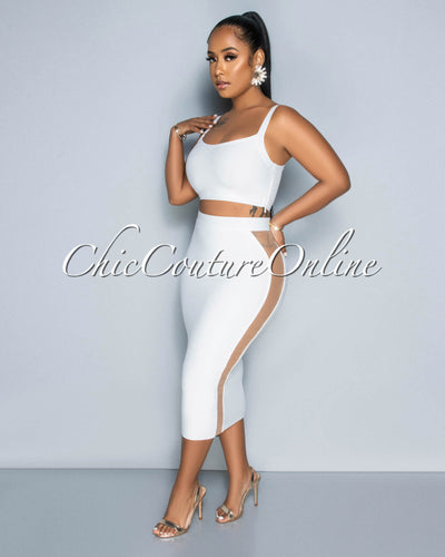 Parker White Crop Top & Nude Mesh Sides Midi Skirt Bandage Set