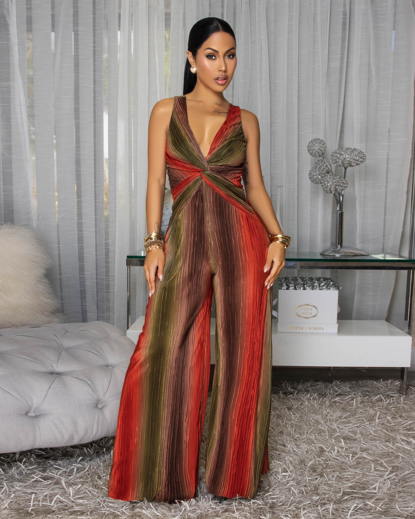 Orlena Brown Multi-Color Textured Jumpsuit