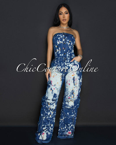 Whitney Medium Denim Strapless Cargo Paint-Dye Jumpsuit