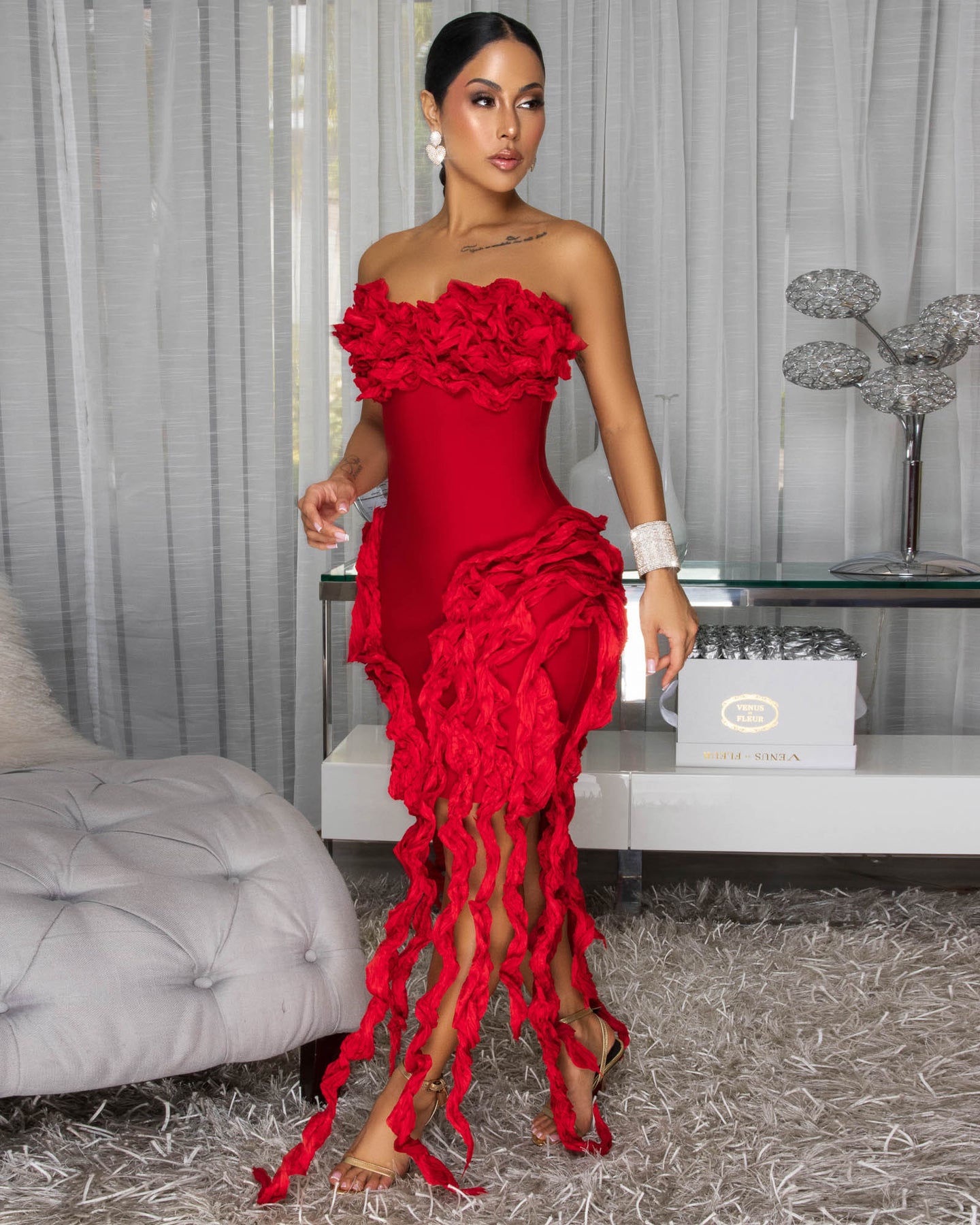 Reeza Red Ruffle Fringe Bandage Maxi Dress