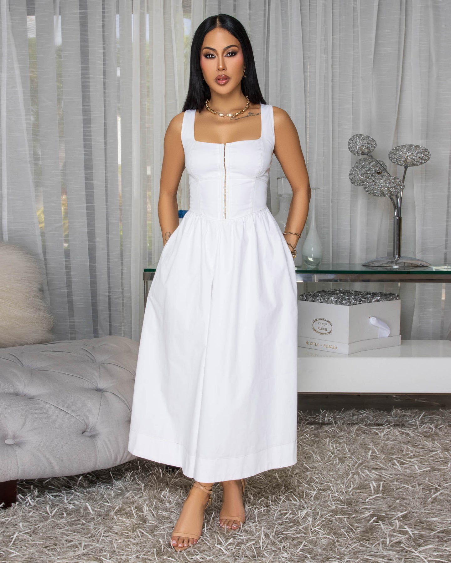 Delora White Corset Midi Dress