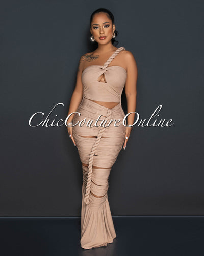 Santhia Mocha Textured Cut-Out Maxi Dress