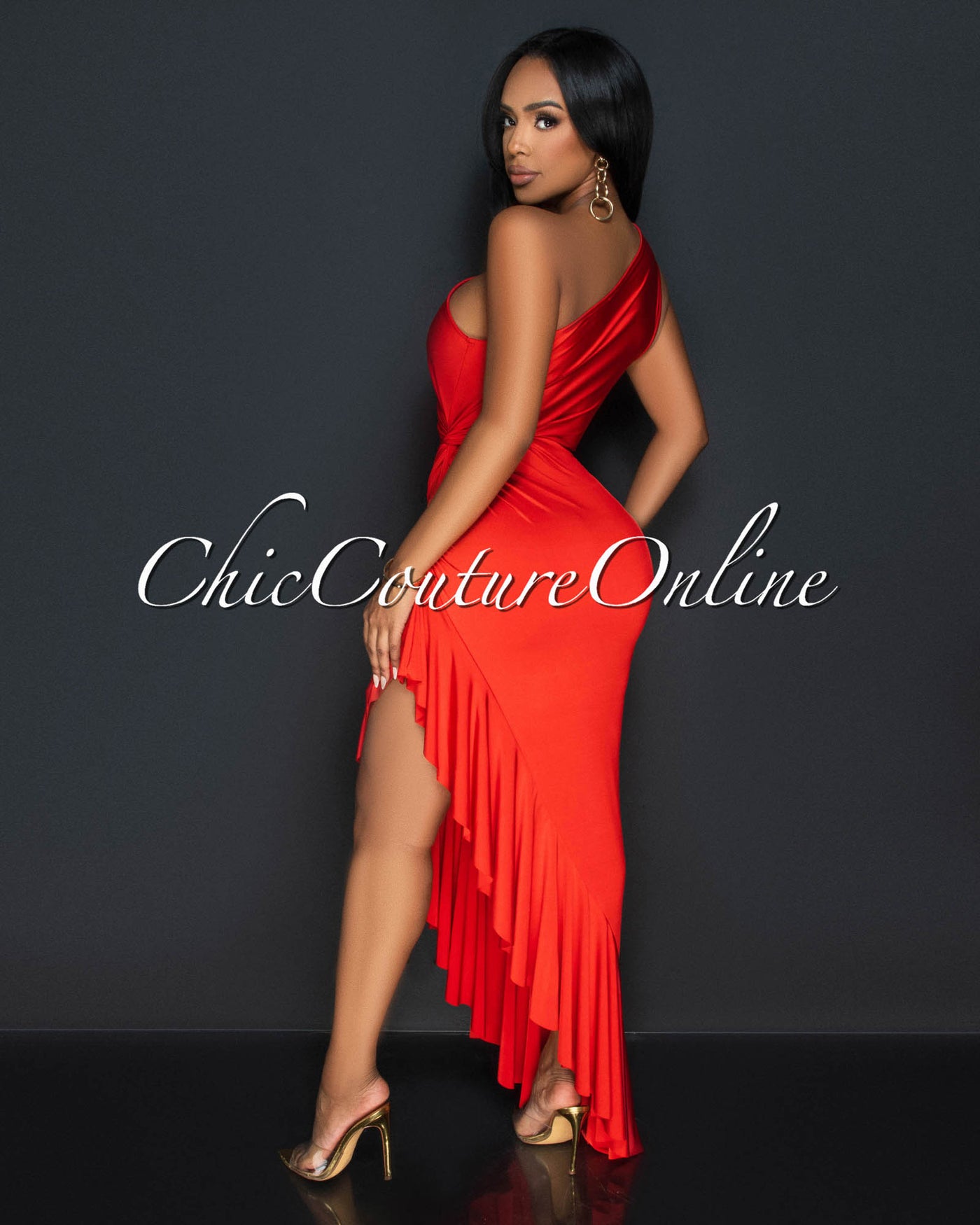 Nilia Tomato Red Cut-Out Hi-Lo Ruffle Hem Maxi Dress