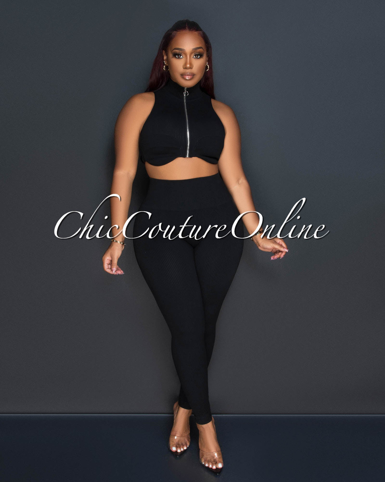 *Kristy Black Ribbed Crop Top & Leggings Sculpting Set