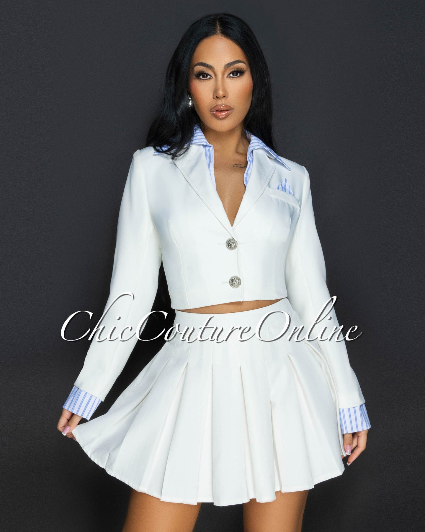 Joda Off White Blue Blazer & Mini Pleated Skirt Set