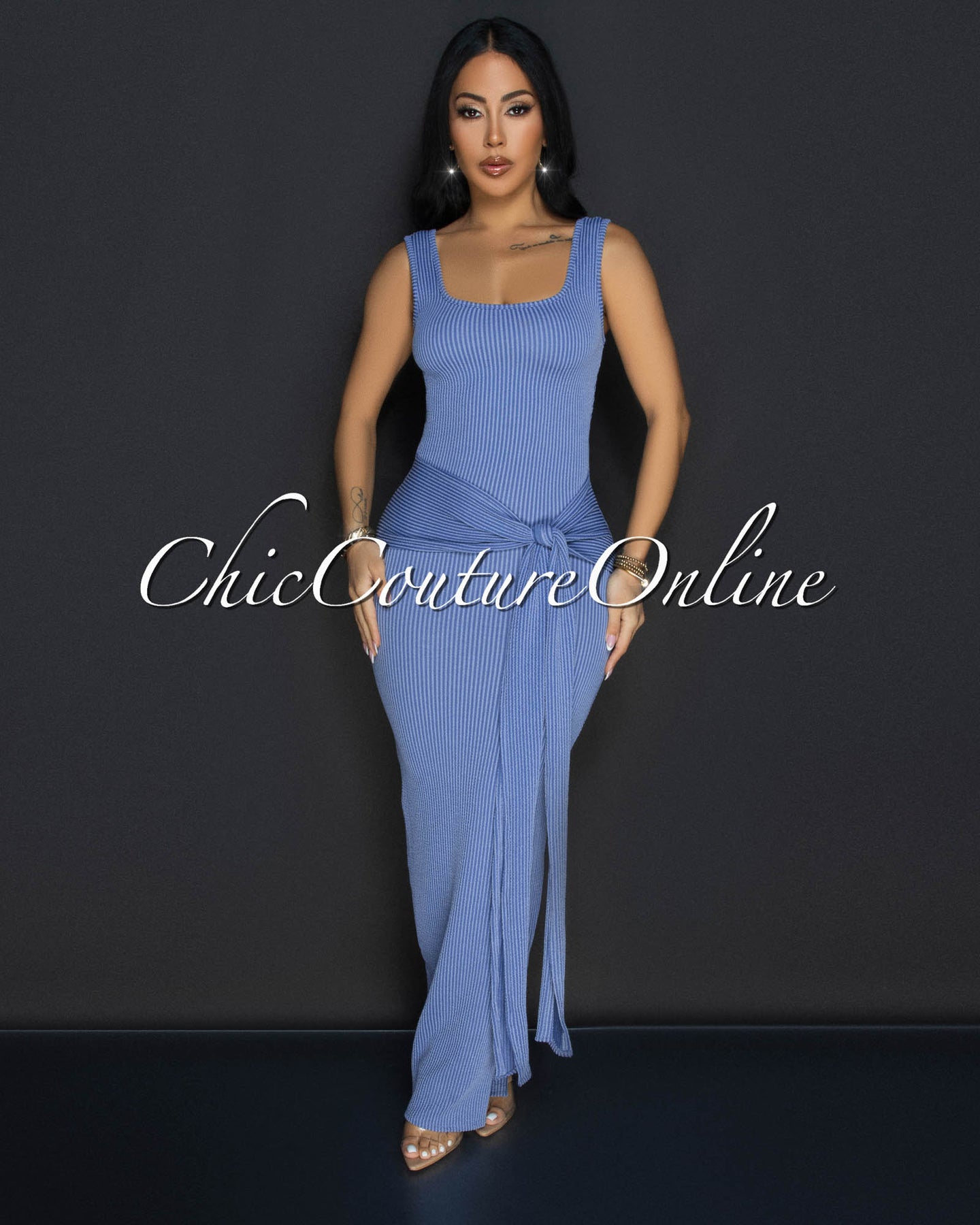 Aventine Slate Blue Ribbed Front Tie Maxi Dress