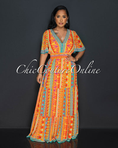 Glendie Orange Print Smoked Waistband Ruddle Hem Maxi Dress