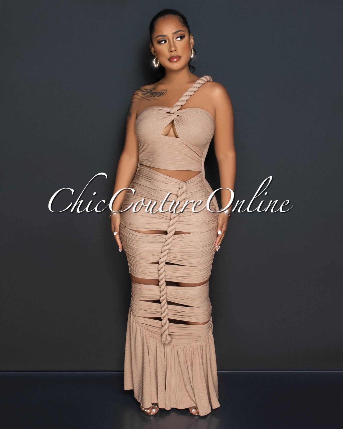 Santhia Mocha Textured Cut-Out Maxi Dress