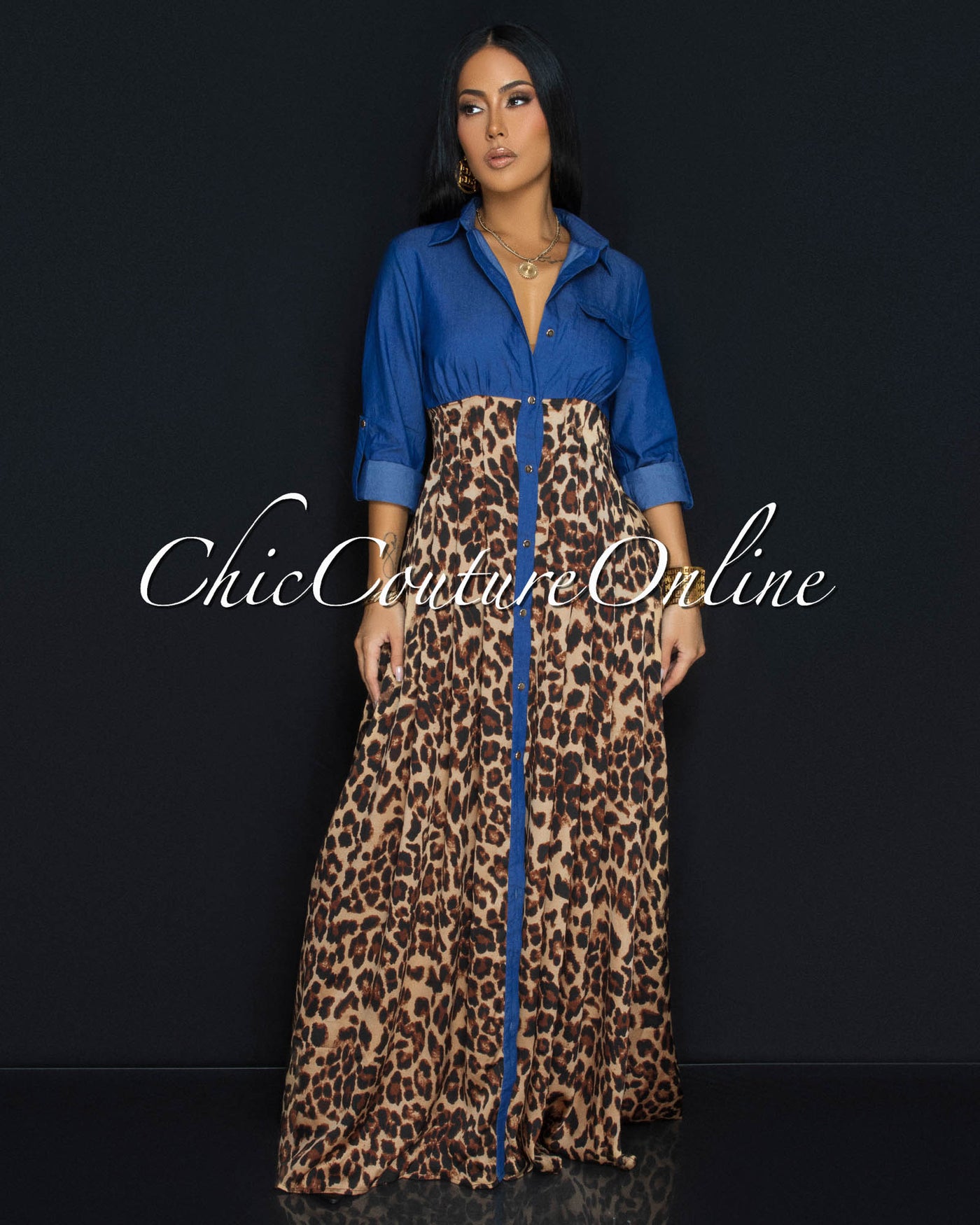 Comeco Blue Denim Leopard Maxi Dress